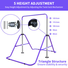 5-fach höhenverstellbar: Drehknopf-Sicherung der lila Turnstange (89-130cm).