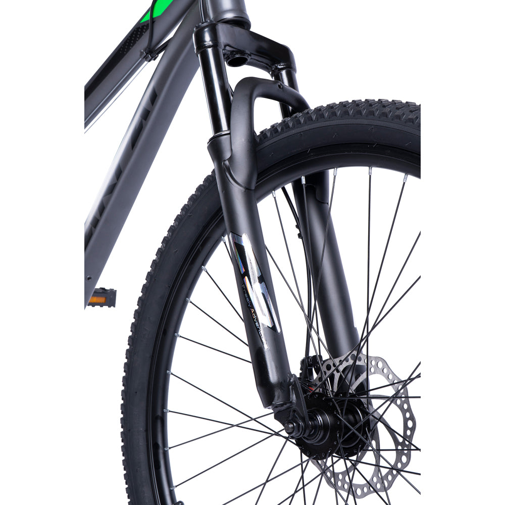 75mm Federgabel und 26x2.10 Profilreifen am schwarz-grünen Fully Mountainbike