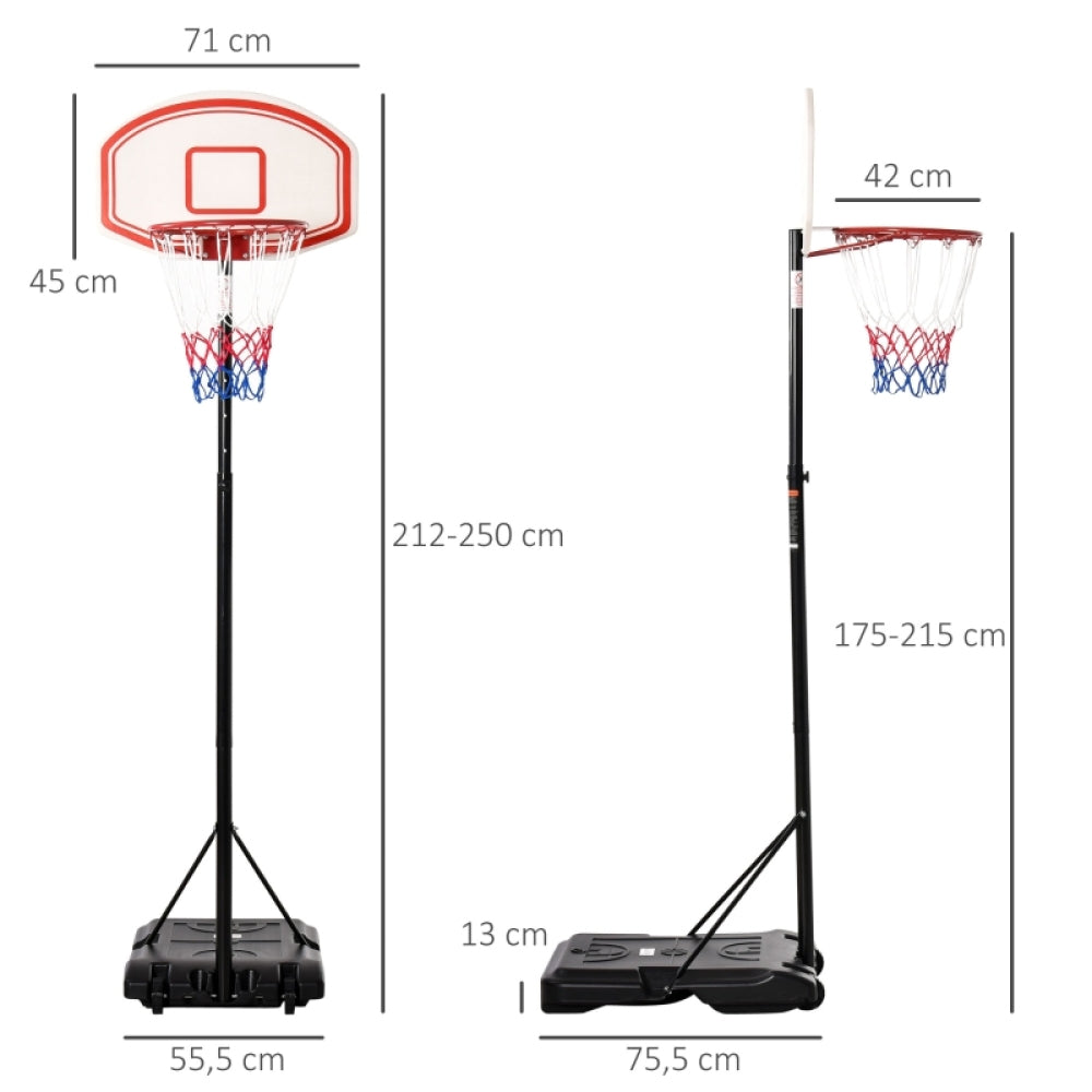 Abmessungen des Basketballkorbs: Höhe verstellbar von 212 cm bis 250 cm, Ringhöhe 175-215 cm.