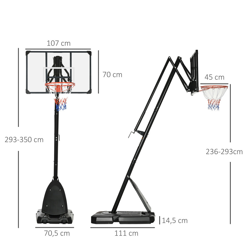 Backboard 107x70 cm, Gesamthöhe bis 350 cm, Korbhöhe 236-293 cm.