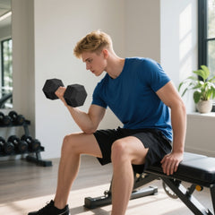 Bizeps Training: Mann trainiert Arme mit 15kg Kurzhantel