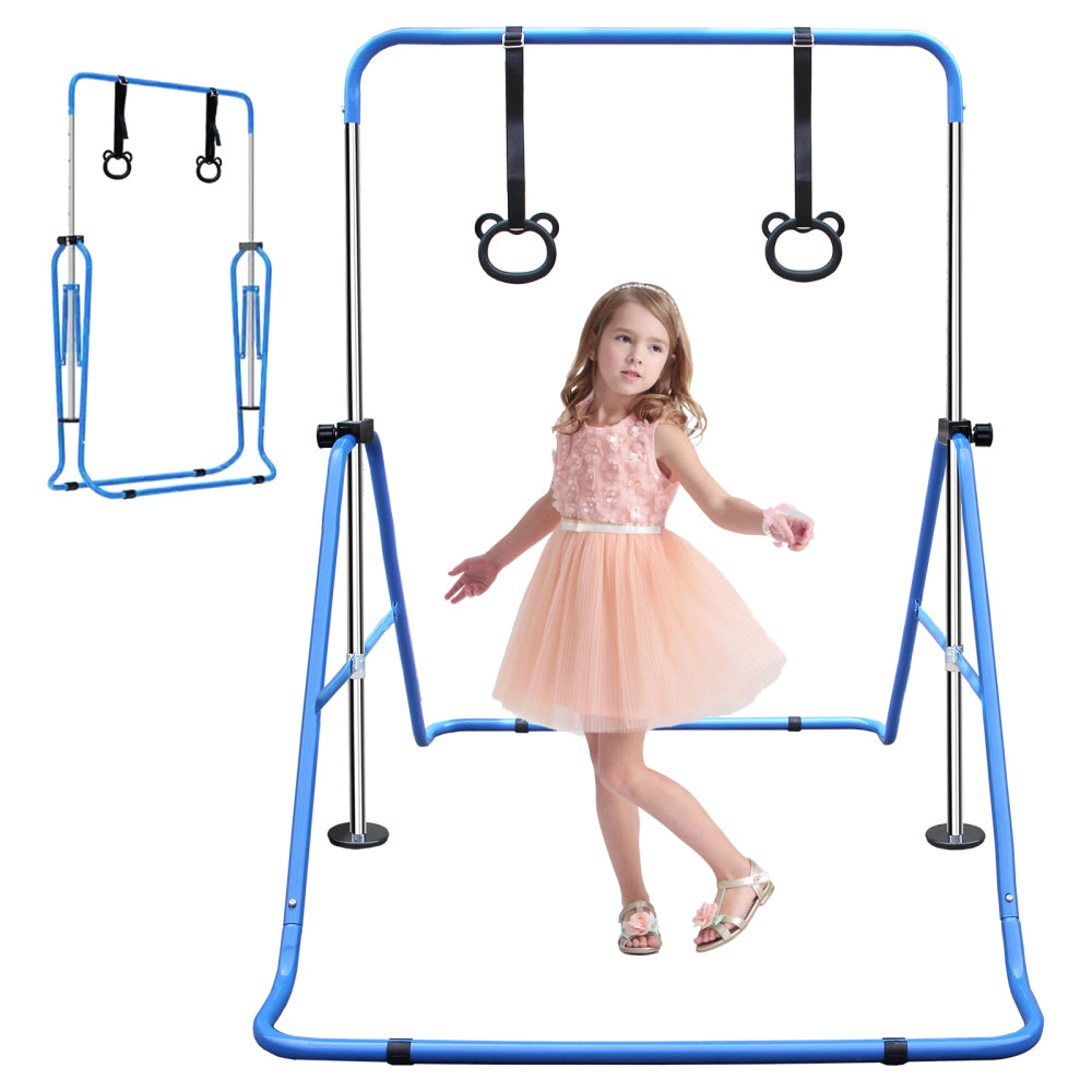 Blaue Kinder Reckstange mit Turnringen, ideal für Jungen und Mädchen.