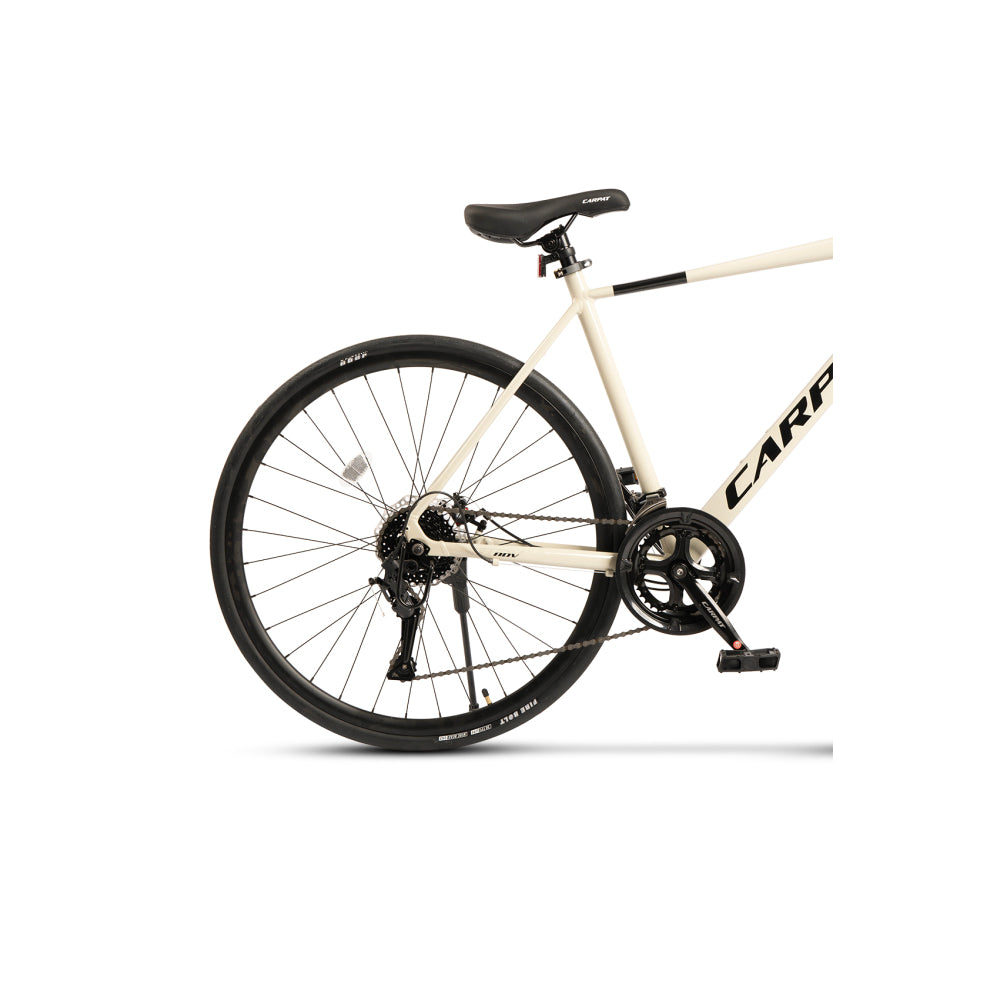 Citybike Ansicht von hinten rechts, Fokus auf Rahmengeometrie und Sattelstütze.