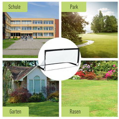 Collage mit verschiedenen Standorten: Schule, Park, Garten und Rasenplatz.