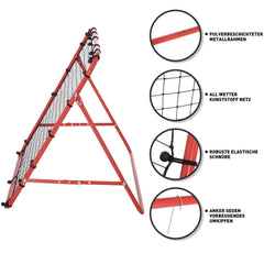 Collage zeigt das wetterfeste Netz, die elastischen Spanngummis, Bodenheringe und den pulverbeschichteten Rahmen.