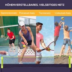 Collage zeigt die Nutzung für Badminton, Pickleball, Tennis und Volleyball mit verschiedenen Spielern.