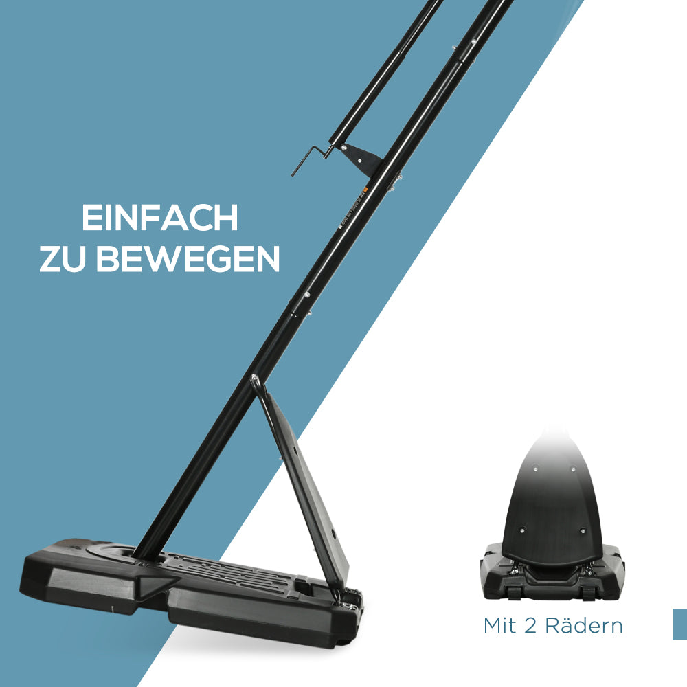 Darstellung der Kipp-Funktion, um den Basketballständer auf den zwei Rädern leicht zu bewegen.