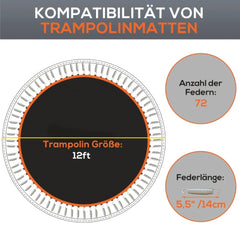 Detail-Grafik: "Kompatibel mit 12ft/366cm Trampolin", "72 V-Ringe" und "Federlänge 14 cm".