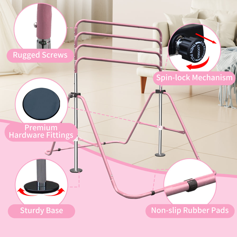 Detailansicht: Verstärkte Schrauben und rosa Stahlrahmen für Stabilität.