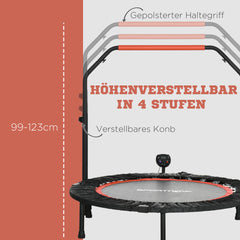 Detailansicht der Höhenverstellung des Griffs in 4 Stufen (99-123 cm) auf rotem Hintergrund.