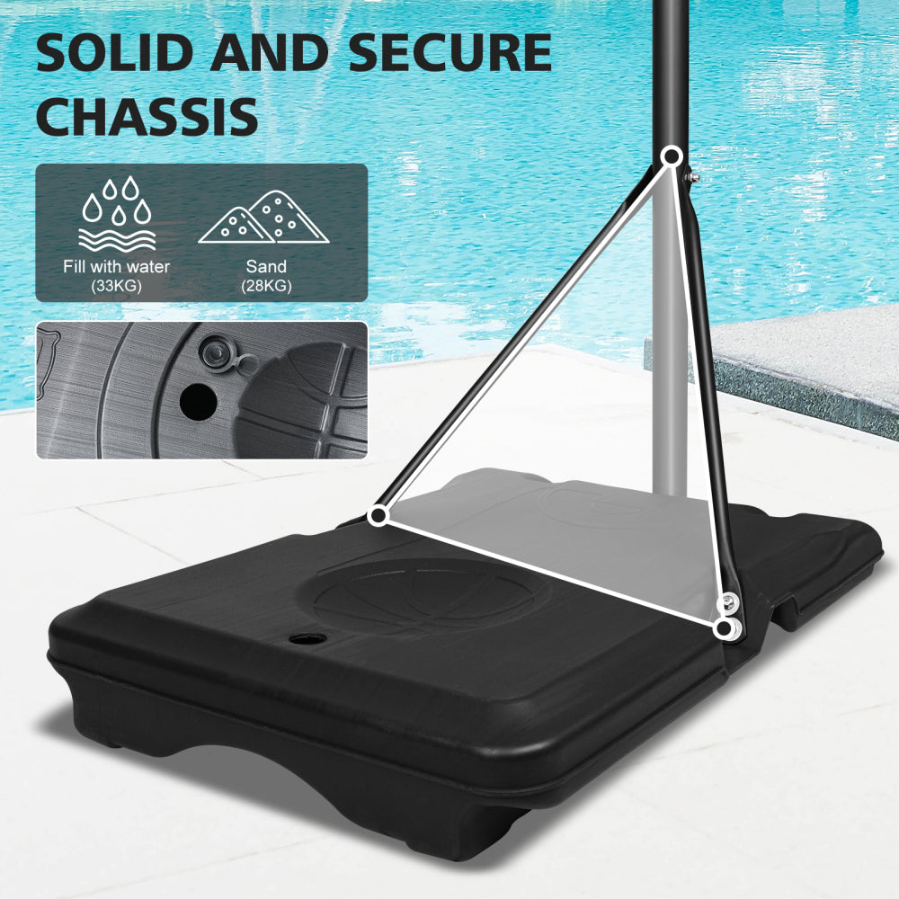 Detailansicht der schwarzen Basis (Solid and Secure Chassis) mit Einfüllöffnung für Wasser/Sand und Dreiecksverstrebung.