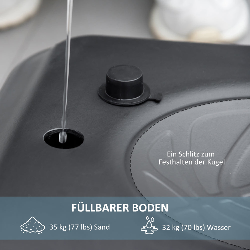 Detailaufnahme der schwarzen Basis mit Einfüllöffnung für Wasser/Sand und Verschlusskappe.