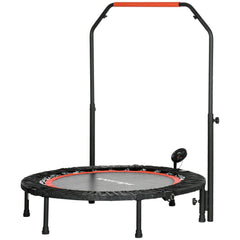 Fitness-Trampolin (Ø 102 cm) in Schwarz mit rotem Rand und Griff, inkl. LCD-Monitor.
