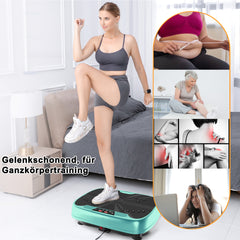 Gelenkschonendes Training: Frau beim Step-Up auf der türkisen Vibrationsplatte