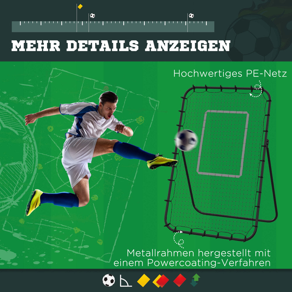 Grafik "Mehr Details anzeigen" hebt das hochwertige PE-Netz und die Powercoating-Beschichtung des Rahmens hervor.