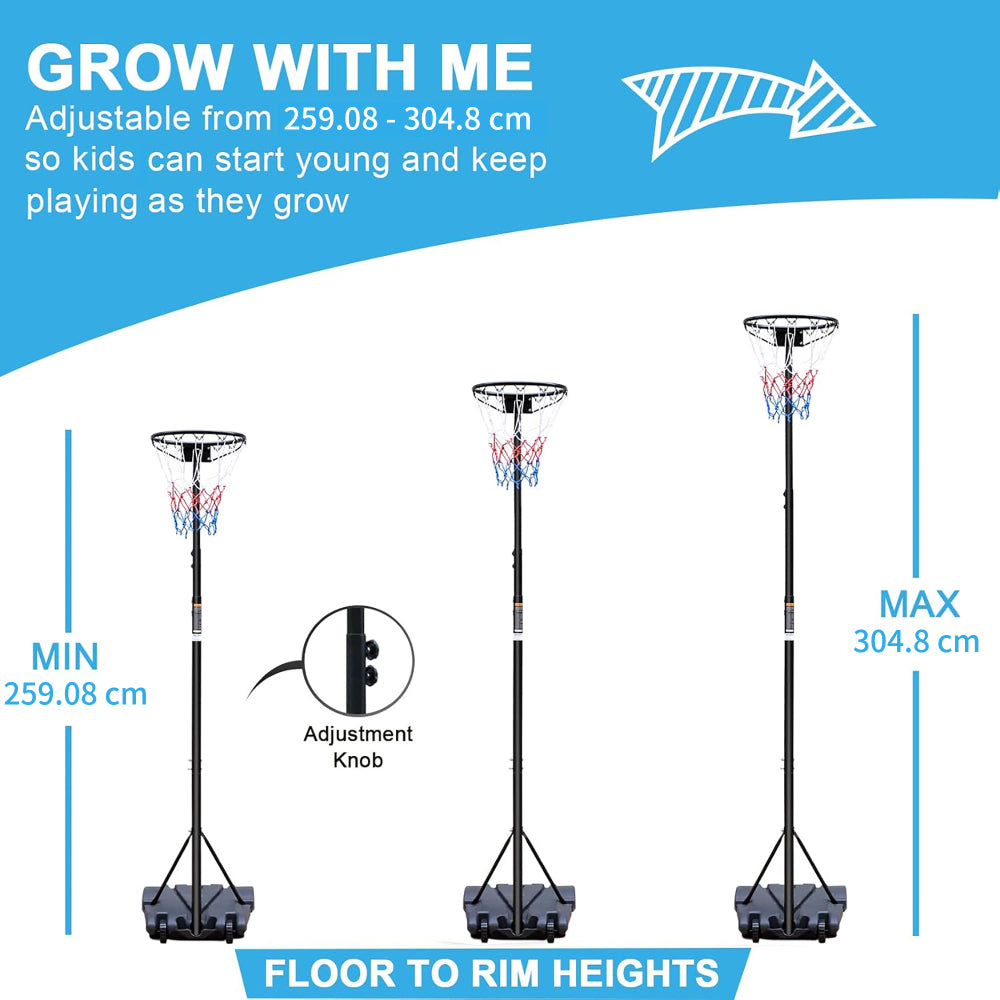 Grafik der Höhenverstellung von 259 cm bis 304 cm, zeigt Anpassung für verschiedene Altersstufen.