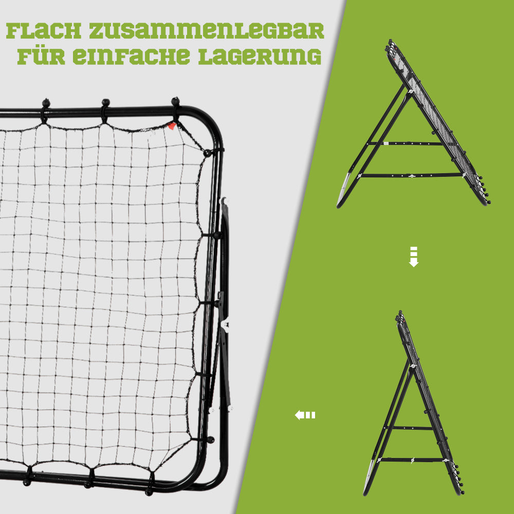 Grafik zeigt, wie der Rebounder flach zusammengeklappt werden kann ("Flach zusammenlegbar für einfache Lagerung").