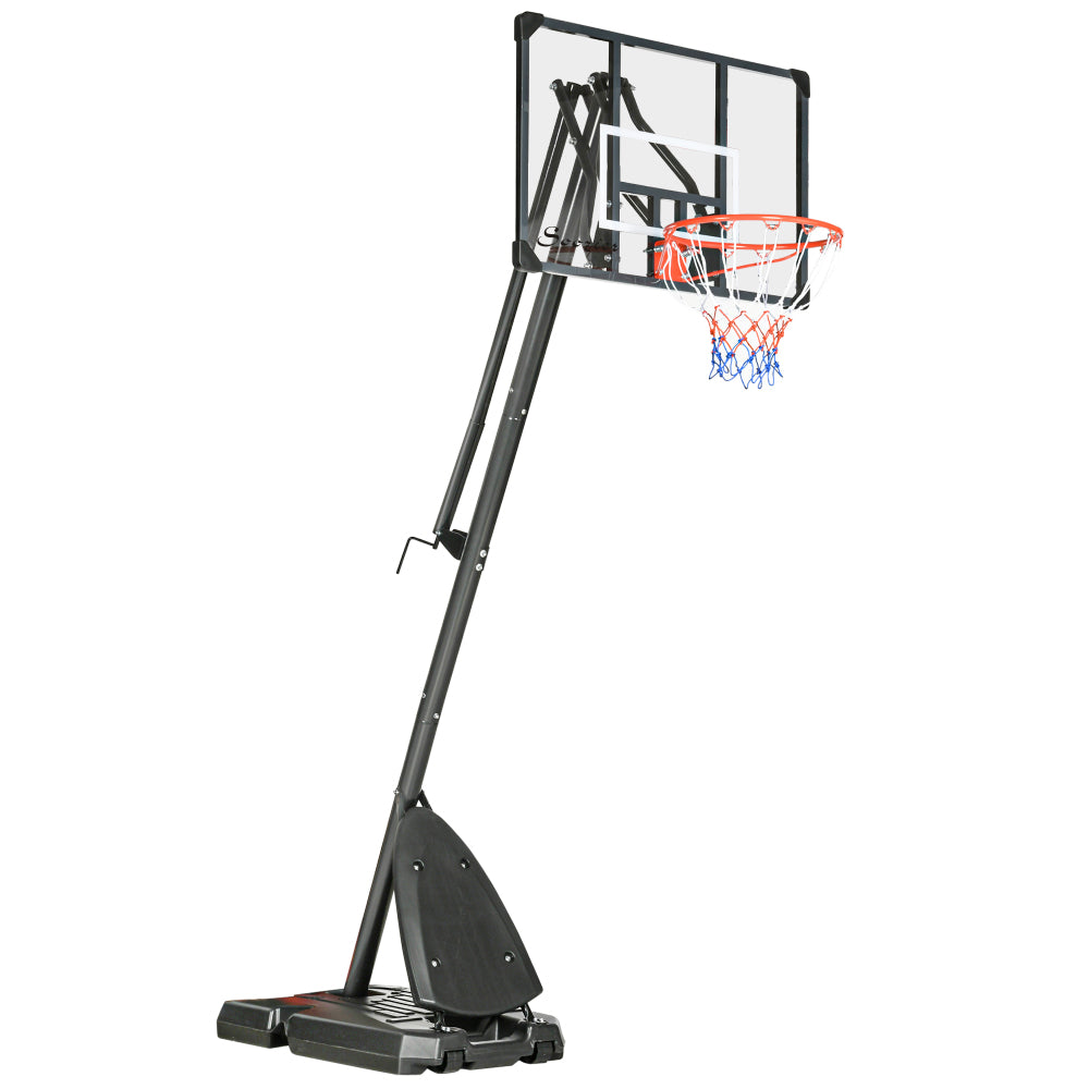 Großer Outdoor Basketballständer mit schwarzem Rahmen, transparentem Backboard und Rebound-Basis auf grauem Hintergrund.