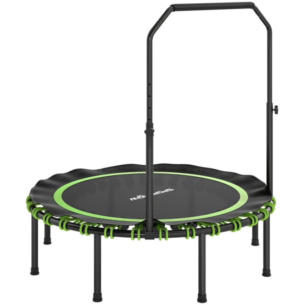 Großes Fitness-Trampolin (Ø 122 cm) in Schwarz mit neongrünen Bungee-Seilen und U-Haltegriff.