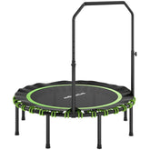 Großes Fitness-Trampolin (Ø 122 cm) in Schwarz mit neongrünen Bungee-Seilen und U-Haltegriff.