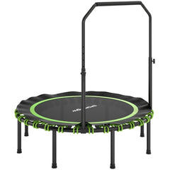 Großes Fitness-Trampolin (Ø 122 cm) in Schwarz mit neongrünen Bungee-Seilen und U-Haltegriff.