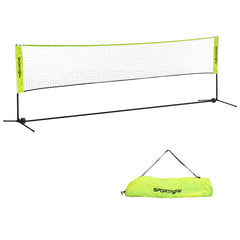 Großes neongrünes Sportnetz mit 420 cm Breite auf einem stabilen schwarzen Metallrahmen inklusive passender Tragetasche.