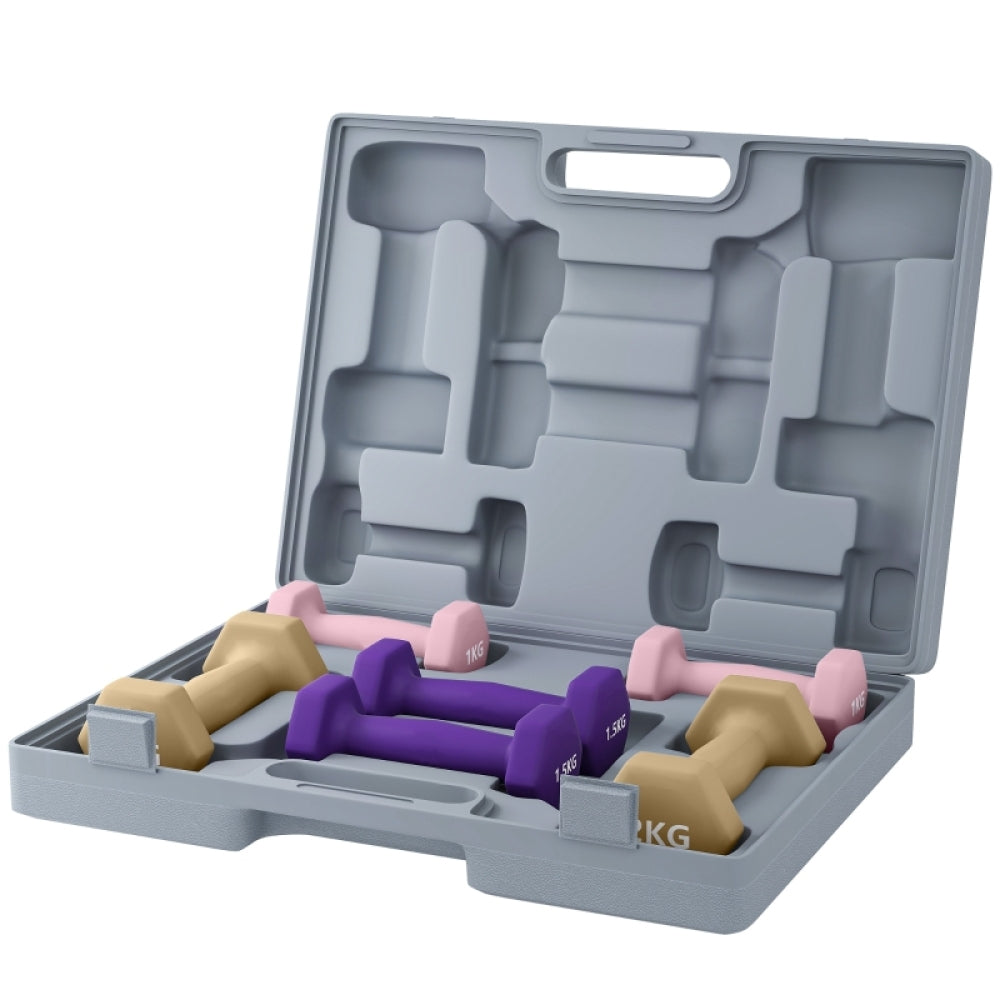 Hantelset im Koffer: 6 Kurzhanteln (1kg Rosa, 1,5kg Lila, 2kg Beige)