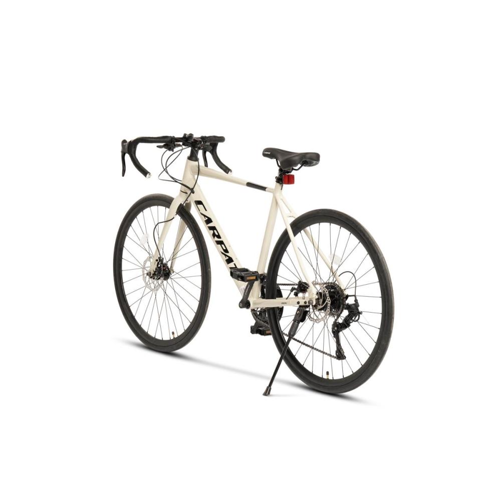 Heckansicht des beigen Fitnessbikes, schlankes Design für die Stadt.