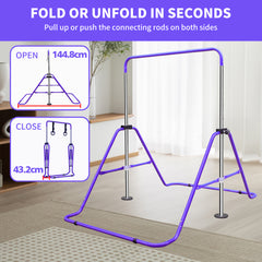 Klappmechanismus: Lila Reckstange platzsparend zusammenfalten in Sekunden.