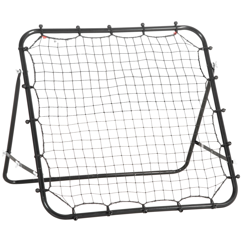 Kompakte Fußball-Rückprallwand in Schwarz mit straffem Netz und verstellbarem Standfuß.