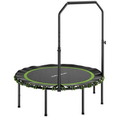 Kompaktes Fitness-Trampolin (Ø 114 cm) in Schwarz mit grünen Bungee-Halterungen und U-Haltegriff.