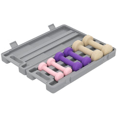 Lieferumfang: Grauer Transportkoffer mit 6 farbigen Gewichten