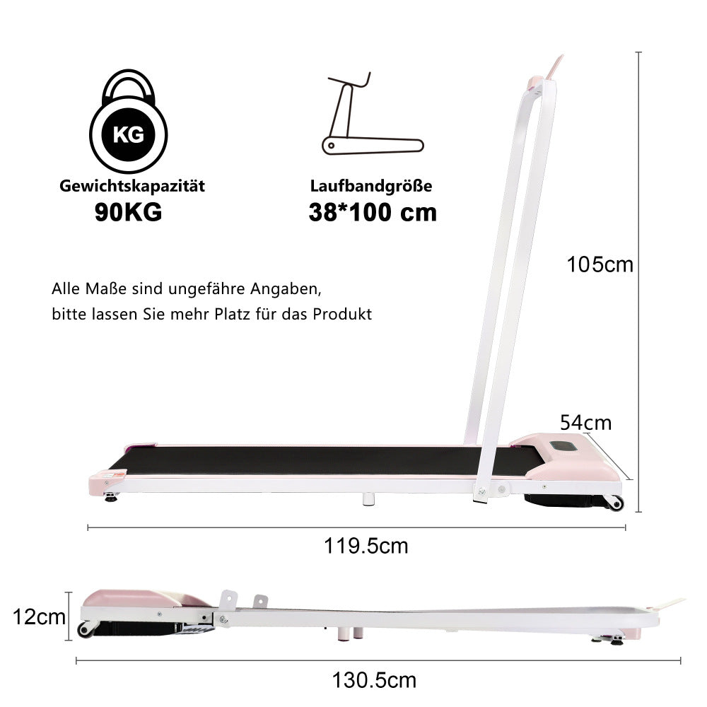 Maße und Spezifikationen des rosa Laufbands (118,8 cm lang, 14 cm hoch).