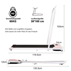 Maße und Spezifikationen des rosa Laufbands (118,8 cm lang, 14 cm hoch).