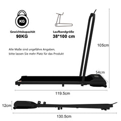 Maße und Spezifikationen des schwarzen Laufbands (119,5 cm Länge, 90kg Belastbarkeit).