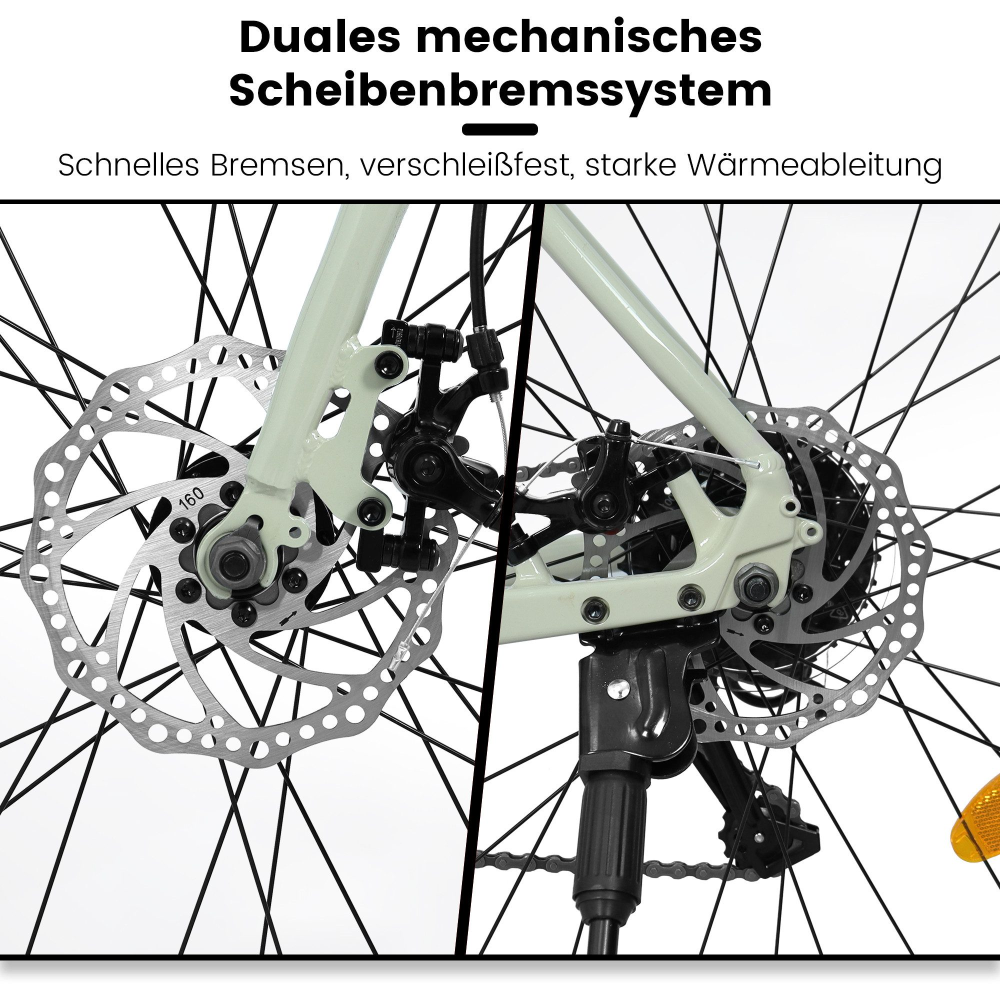 Mechanisches Doppelscheibenbremssystem für zuverlässige Bremskraft bei jedem Wetter.