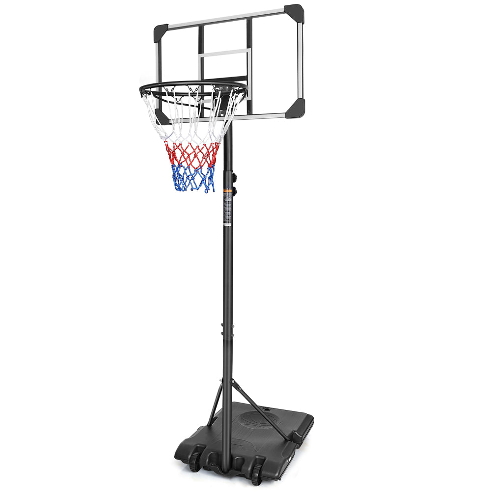 Mobiler Basketballkorb Outdoor mit schwarzer Basis, Rollen und transparentem Backboard auf weißem Hintergrund.