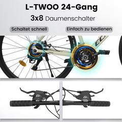 Nahaufnahme der L-TWOO 24-Gang Schalthebel (3x8) am Lenker für präzise Gangwechsel.