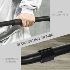 Nahaufnahme der gepolsterten Handläufe und rutschfesten Fußkappen für sicheres Training.