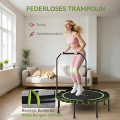 Nahaufnahme der grünen Bungee-Seile und der robusten Sprungmatte ("Federloses Trampolin").