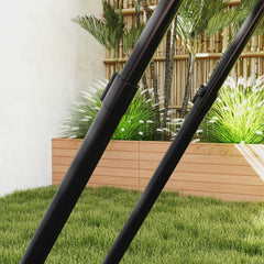 Nahaufnahme der verstellbaren Stützstange am schwarzen Metallrahmen.