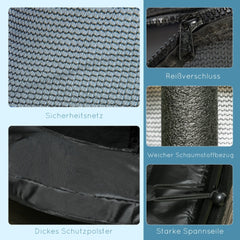 Nahaufnahme des feinmaschigen Sicherheitsnetzes und der Polsterung der Stangen zum Schutz vor Verletzungen.