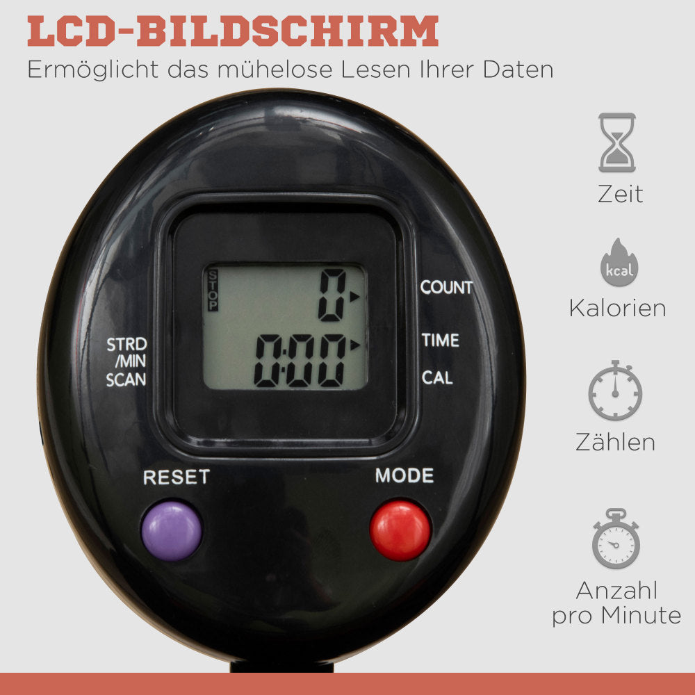 Nahaufnahme des schwarzen LCD-Monitors mit Anzeige von Zeit, Kalorien und Count.