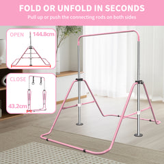 Platzsparendes Design: Pinke Turnstange zusammengeklappt für Lagerung.