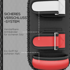 Rückseite des Schlagpolsters: Zeigt den Haltegriff und zwei verstellbare Klettverschluss-Armbänder für sicheren Halt.