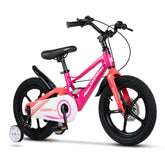 Rosa Kinderfahrrad mit leichtem Aluminiumrahmen und mechanischer Scheibenbremse.