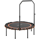 Rundes Fitness-Trampolin (Ø 114 cm) in Schwarz mit orangen Bungee-Halterungen und hohem U-Haltegriff.