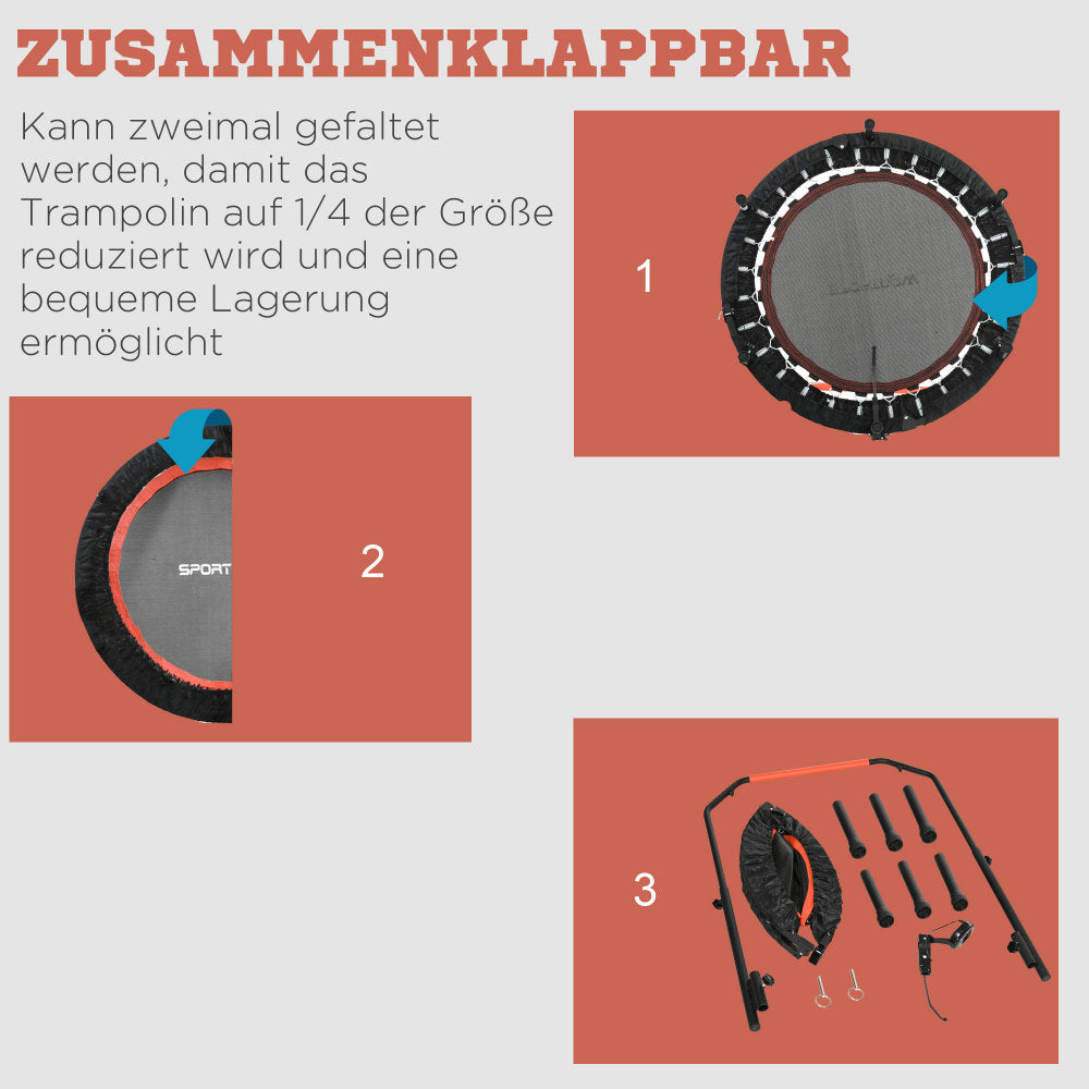 Schritt-für-Schritt Darstellung des Klappmechanismus: 1. Beine einklappen, 2. Rahmen falten, 3. Verstauen.