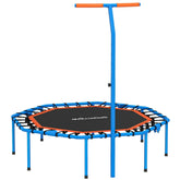 Sechseckiges Fitness-Trampolin mit blauem Stahlrahmen und Beinen, schwarze Sprungmatte und oranger Griff.