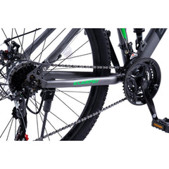 Shimano 21-Gang Schaltwerk und 7-fach Kassette am schwarz-grünen Fully Mountainbike